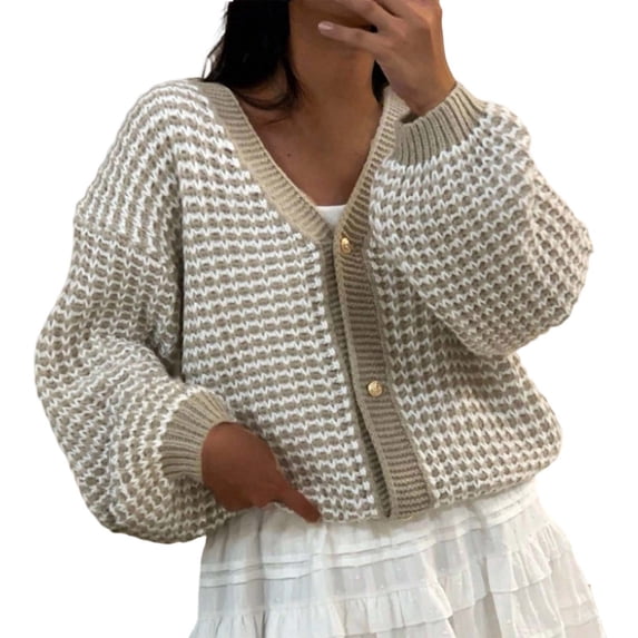 Wang6 Women Cardigans Sweaters Trendy Long Sleeve Button Cable Knit Sweater Fall Open Front Loose Deep V Neck Mixed Colors Knitted Outwear Tops Khaki M