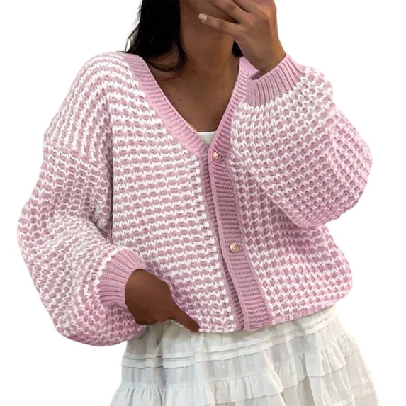 Wang6 Women Cardigans Sweaters Trendy Long Sleeve Button Cable Knit Sweater Fall Open Front Loose Deep V Neck Mixed Colors Knitted Outwear Tops Pink XL