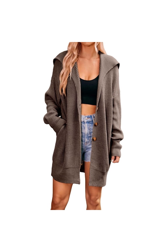 Women Long Cardigans Sweaters Trendy Long Sleeve Cable Knits Fall V Neck Lapel Drop Shoulder Loose Knitted Outwear Tops with Pocket Brown XXL