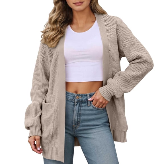Wang6 Women Long Plus Size Cardigans Sweaters Trendy Long Sleeve Cable Knits Fall Winter V Neck Loose Drop Shoulder Knitted Outwear Coat with Pocket Khaki XXL