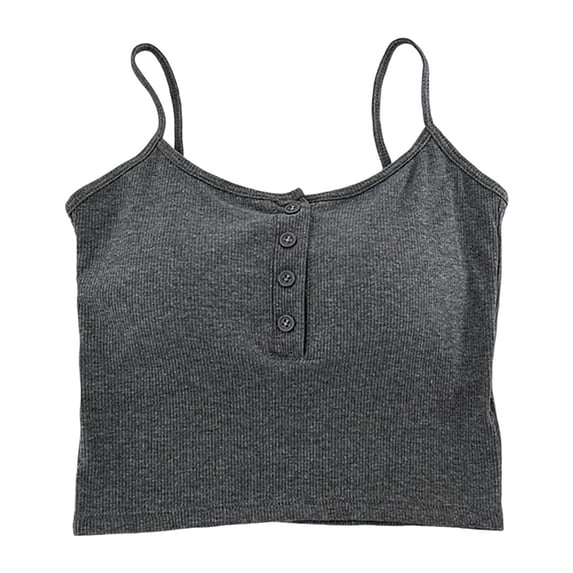 Wang6 Women Cropped Ribbed Camisole with Built in Bra Summer Sleeveless Button Tank Tops Trendy Workout Fitness Yoga Cami T-Shirts Tees X_Dark Gray One Size