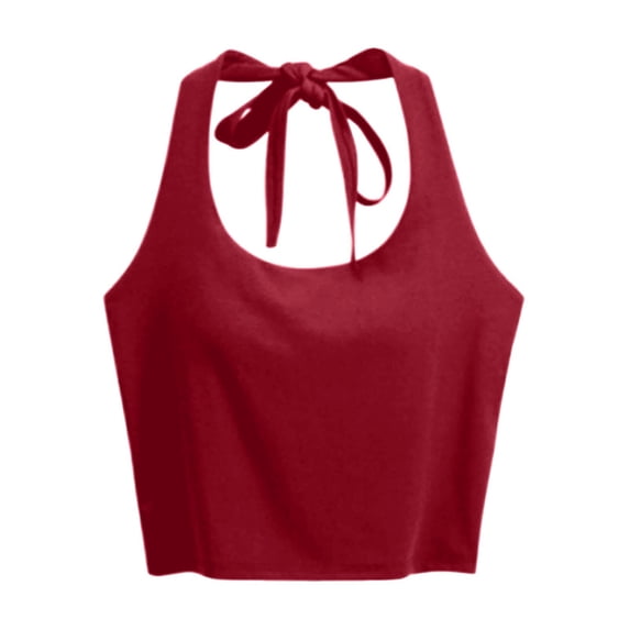 Wang6 Women Cropped Ribbed Tank Tops with Built in Bra Summer Halter Sleeveless Cami Tops Trendy Loose T Shirts Undershirts Red L