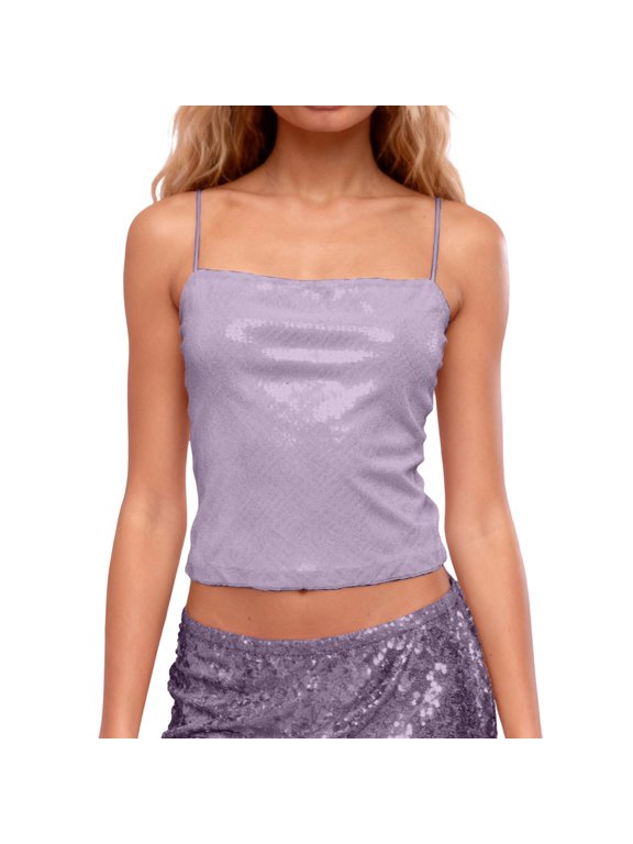 Women Cropped Sequin Camisole Trendy Spaghetti Strap Sparklers Cami Tank Tops Square Neck Mardi Gras Sleeveless Undershirts Tees Purple S