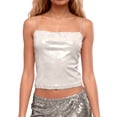 thumbnail image 1 of Wang6 Women Cropped Sequin Camisole Trendy Spaghetti Strap Sparklers Cami Tank Tops Square Neck Mardi Gras Sleeveless Undershirts Tees White S, 1 of 5