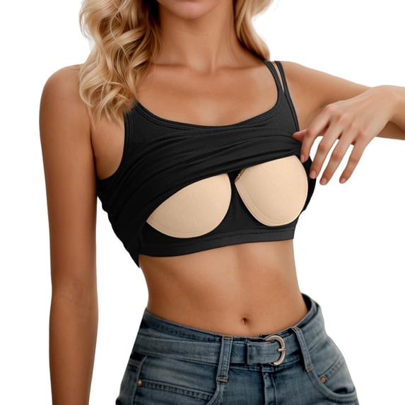 Wang6 Women Cropped Spaghetti Strap Camisole Ribbed Sleeveless Cami Tank Tops Causal Stretchy 2 Straps T Shirts Undershirts Black M