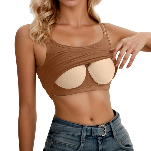 Wang6 Women Cropped Spaghetti Strap Camisole Ribbed Sleeveless Cami Tank Tops Causal Stretchy 2 Straps T Shirts Undershirts Coffee L