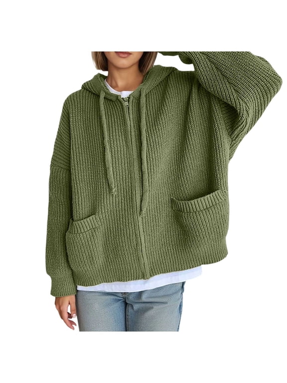 Women Full Zip up Hooded Cardigans Sweaters Plus Size Trendy Long Sleeve Cable Knit Hoodies Fall Drawstrings Knitted Outwear Tops with Pocket Army Green XXL