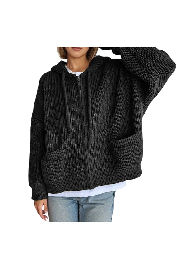 Women Full Zip up Chunky Hooded Cardigans Sweaters Plus Size Trendy Long Sleeve Cable Knit Hoodies Fall Drawstrings Knitted Outwear Tops with Pocket Black XXXL
