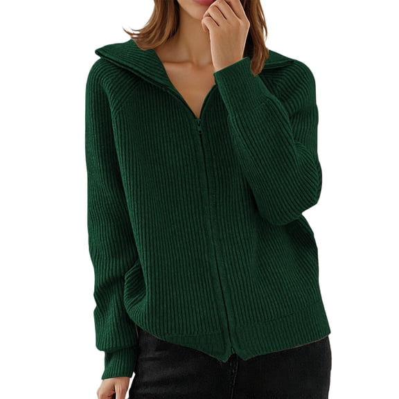Wang6 Women Full Zip up Sweater Jacket Plus Size Fall Winter Cardigans Sweaters Long Sleeve Open Front Coat Trendy V Neck Loose Fit Outwear Tops Green XXL