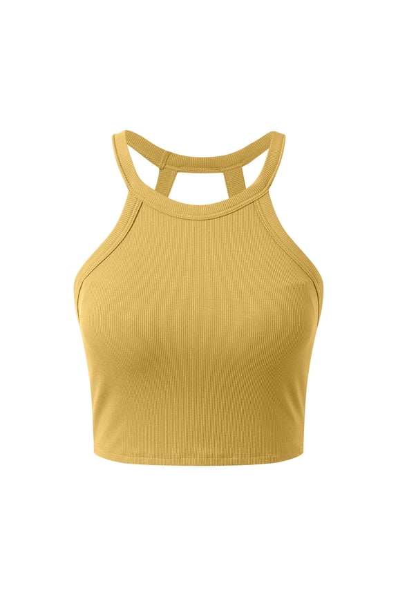 Women High Neck Cropped Tank Tops with Built in Bra Summer Ribbed Sleeveless Tops Trendy Slim Backless T Shirts Undershirts Yellow L