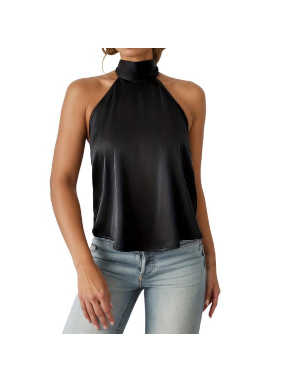 Women High Neck Halter Camisole Trendy Sleeveless Silk Cami Tank Tops Trendy Summer Backless Sling Going out Shirts Tops Black S