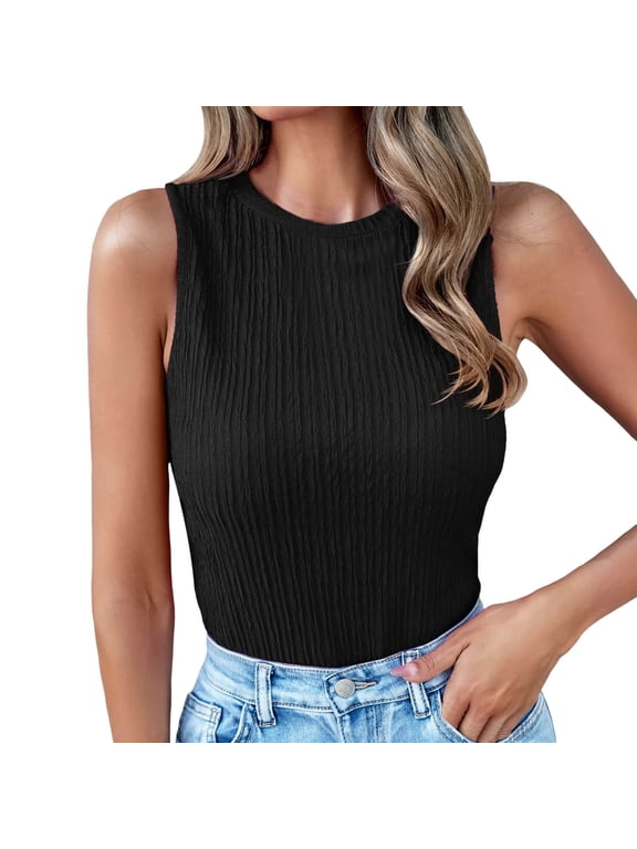 Women High Neck Ribbed Tank Tops Plus Size Sleeveless Slim Fit Summer Tops Causal Solid Crew Neck T-Shirts Tees Black XXL