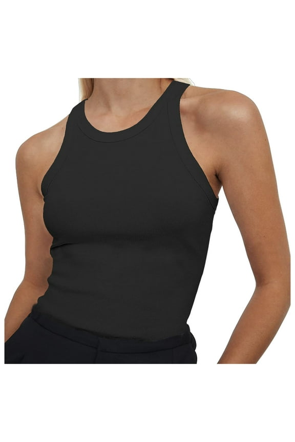 Women High Neck Ribbed Tank Tops Summer Sleeveless Crew Neck Workout Tops Causal Slim Fit Cami T-Shirts Undershirts Black M