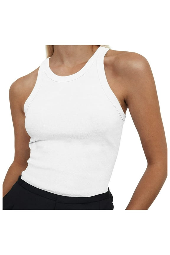 Women High Neck Ribbed Tank Tops Summer Sleeveless Crew Neck Workout Tops Causal Slim Fit Cami T-Shirts Undershirts White XS