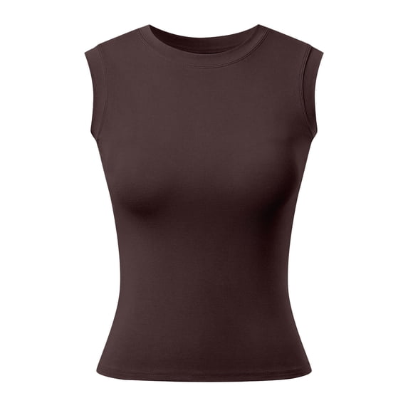 Wang6 Women High Neck Tank Tops with Built in Bra Summer Ribbed Sleeveless Tops Trendy Slim Workout T Shirts Tees Coffee L