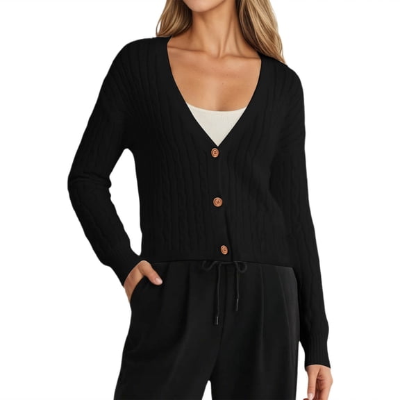 Wang6 Women Lightweight Cropped Cardigans Sweaters Trendy Long Sleeve Button Cable Knit Sweater Fall V Neck Knitted Outwear Tops Black One Size