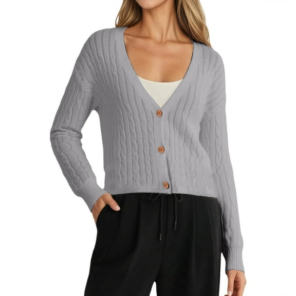 Wang6 Women Lightweight Cropped Cardigans Sweaters Trendy Long Sleeve Button Cable Knit Sweater Fall V Neck Knitted Outwear Tops GY1 One Size