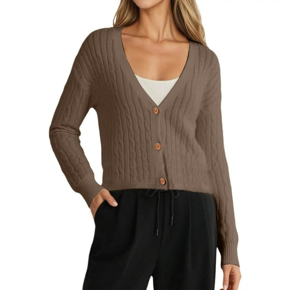Wang6 Women Lightweight Cropped Cardigans Sweaters Trendy Long Sleeve Button Cable Knit Sweater Fall V Neck Knitted Outwear Tops Khaki One Size