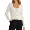 thumbnail image 1 of Wang6 Women Lightweight Cropped Cardigans Sweaters Trendy Long Sleeve Button Cable Knit Sweater Fall V Neck Knitted Outwear Tops White One Size, 1 of 7