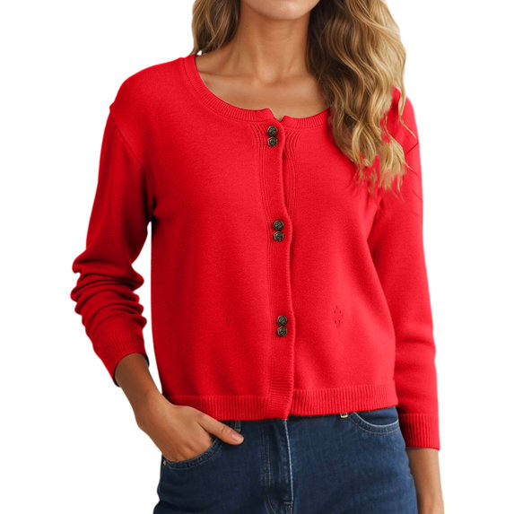 Wang6 Women Lightweight Cropped Cardigans Sweaters Trendy Long Sleeve Button Knit Sweater Fall Crew Neck Double Buttons Knitted Outwear Tops Red One Size