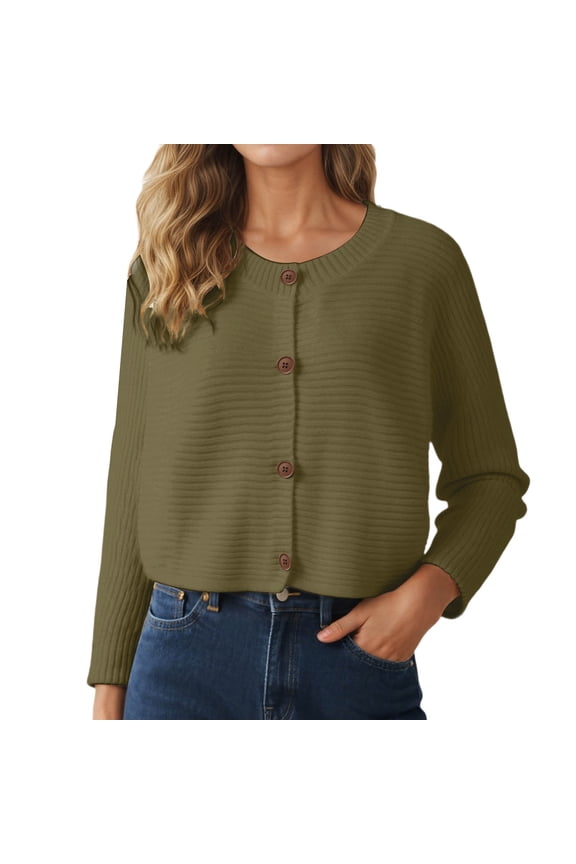 Women Lightweight Cropped Cardigans Sweaters Trendy Long Sleeve Button down Knit Sweater Fall Crew Neck Striped Embossing Knitted Outwear Tops Green One Size