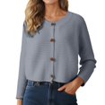 thumbnail image 1 of Wang6 Women Lightweight Cropped Cardigans Sweaters Trendy Long Sleeve Button down Knit Sweater Fall Crew Neck Striped Embossing Knitted Outwear Tops Grey One Size, 1 of 5