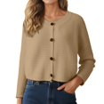 thumbnail image 1 of Wang6 Women Lightweight Cropped Cardigans Sweaters Trendy Long Sleeve Button down Knit Sweater Fall Crew Neck Striped Embossing Knitted Outwear Tops Khaki One Size, 1 of 5