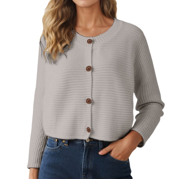 Wang6 Women Lightweight Cropped Cardigans Sweaters Trendy Long Sleeve Button down Knit Sweater Fall Crew Neck Striped Embossing Knitted Outwear Tops Light Gray One Size