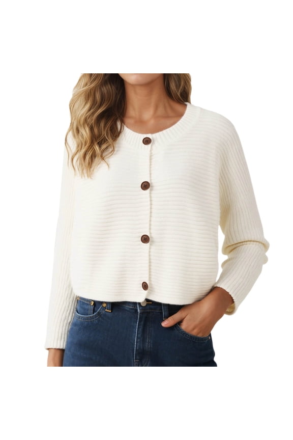 Women Lightweight Cropped Cardigans Sweaters Trendy Long Sleeve Button down Knit Sweater Fall Crew Neck Striped Embossing Knitted Outwear Tops White One Size