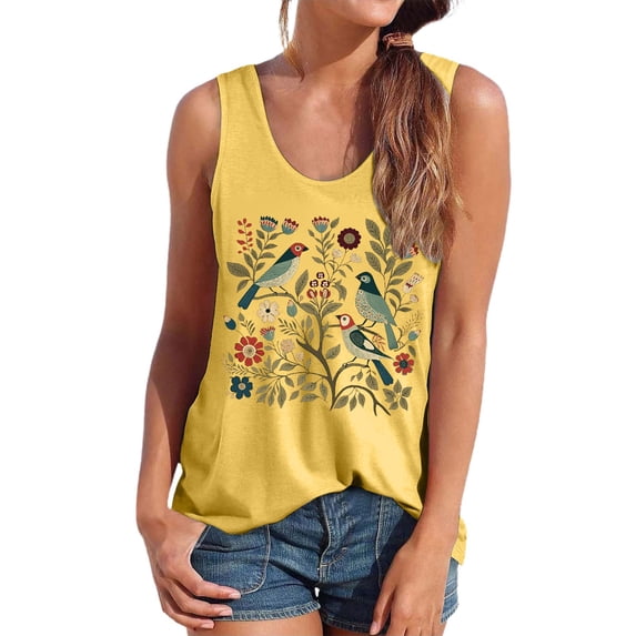 Wang6 Women Loose Fit Racerback Tank Tops Causal Plus Size Sleeveless Tshirts Summer Floral Printed Summer Tops Graphic Tees Yellow2 M