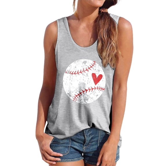 Wang6 Women Loose Fit Racerback Tank Tops Causal Sleeveless Crew Neck Tshirts Summer Baseball Printed Tops Graphic Tees Shirts Light Gray M