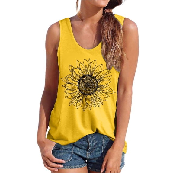 Wang6 Women Loose Fit Tank Tops Causal Plus Size Sleeveless Racerback Shirts Crew Neck Sunflower Printed Summer Tops Graphic Tees Yellow XL