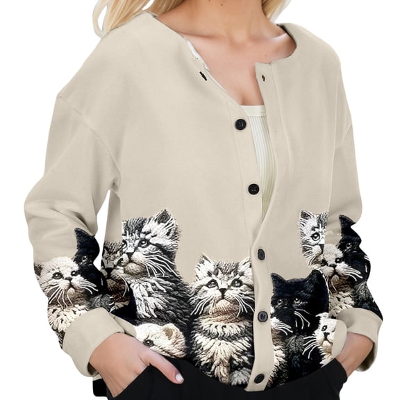 Wang6 Women Oversize Cardigans Jacket Trendy Long Sleeve Lightweight Button down Coat Fall Open Front Cute Cat Printed Outwear Tops Beige XXXXXL