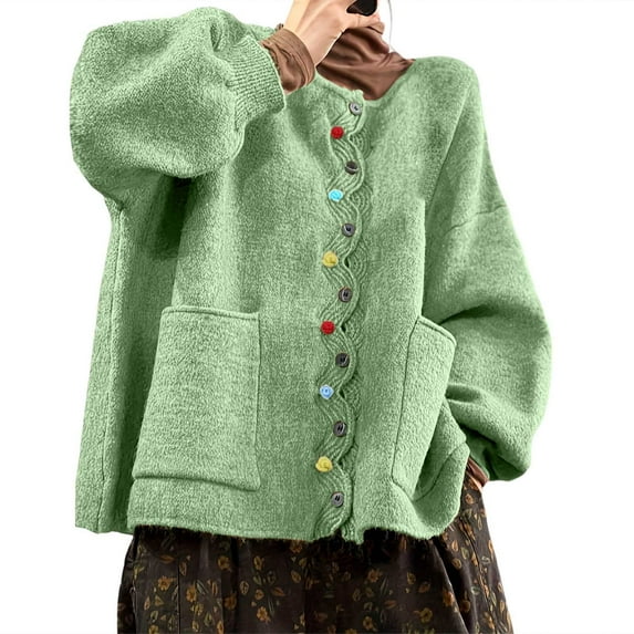 Wang6 Women Oversize Chunky Cardigans Sweaters Trendy Long Sleeve Multicolor Buttons Cable Knits Fall Winter Crew Neck Loose Knitted Outwear Coat with Pocket Green XL