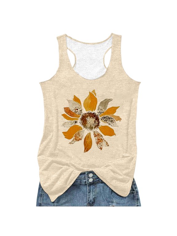 Women Plus Size Camisole Tops Causal Floral Printed Summer Tank Tops Trendy Loose Fit Graphic Sleeveless Workout T Shirts Tees Beige S