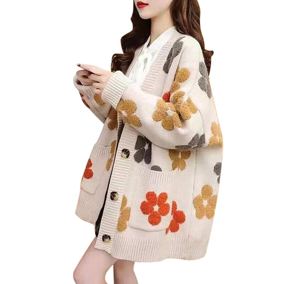 Wang6 Women Plus Size Long Cardigans Sweaters Trendy Long Sleeve Button Drop Shoulder Knit Sweater Coat Fall Open Front Floral Jacquard Outwear Tops with Pocket White One Size