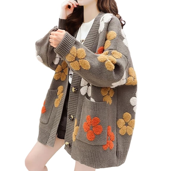 Wang6 Women Plus Size Long Cardigans Sweaters Trendy Long Sleeve Button Drop Shoulder Knit Sweater Coat Fall Open Front Floral Jacquard Outwear Tops with Pocket Grey One Size