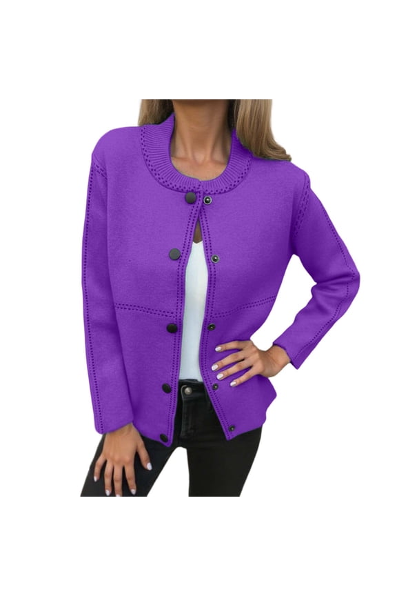 Women Plus Size Wool Button down Jackets Trendy Long Sleeve Cardigans Sweaters Fall Open Front Solid Knitted Neck Loose Fit Outwear Tops Purple XXL