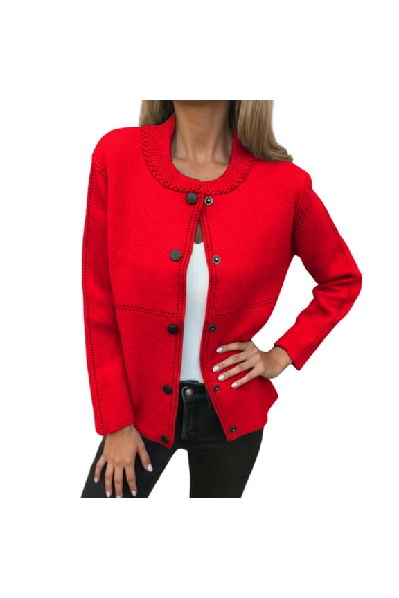 Women Plus Size Wool Button down Jackets Trendy Long Sleeve Cardigans Sweaters Fall Open Front Solid Knitted Neck Loose Fit Outwear Tops Red XXL