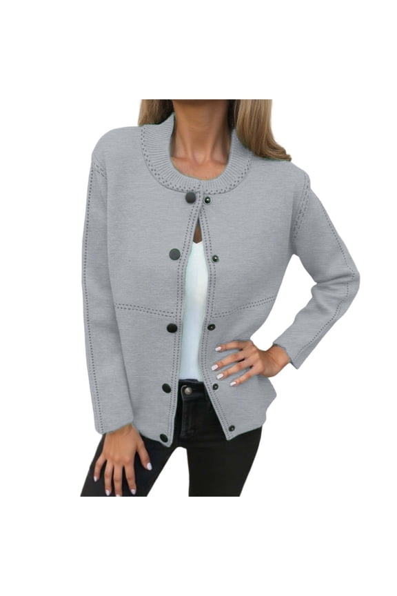 Women Plus Size Wool Button down Jackets Trendy Long Sleeve Cardigans Sweaters Fall Open Front Solid Knitted Neck Loose Fit Outwear Tops Grey S