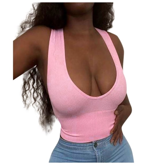 Wang6 Women Ribbed Cropped Tank Tops Plus Size Summer Sleeveless Tops Trendy Slim Fit Scoop Neck Solid Workout Tees T-Shirts Pink S