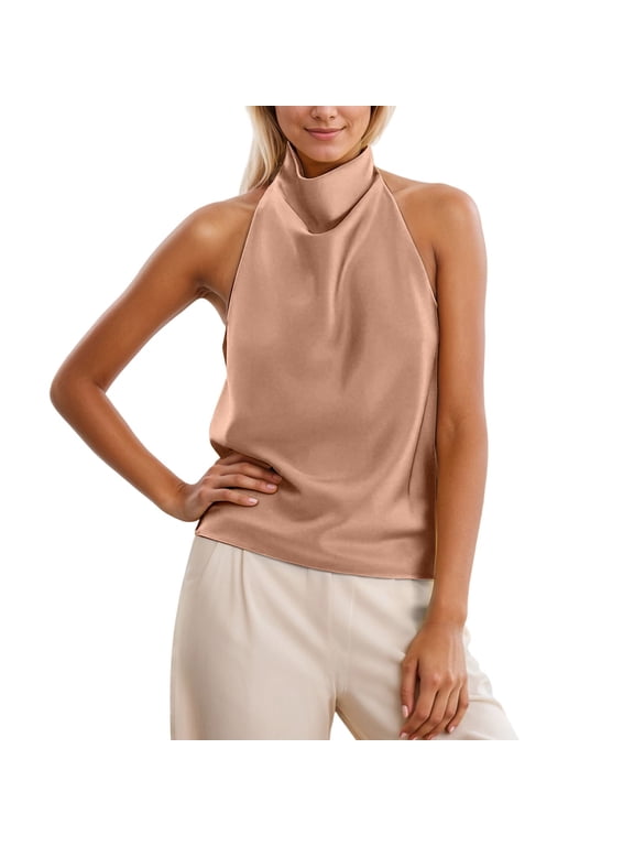 Women Silk Satin High Neck Tank Tops Trendy Halter Sleeveless Cami Tops Summer Elegant Backless T Shirts Tees Rose Gold M