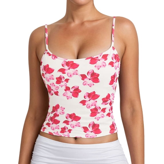 Wang6 Women Spaghetti Strap Camisole Cropped Sleeveless Floral Printed Cami Tank Tops Trendy Scoop Neck Summer Sling Undershirts Tees Pink XS