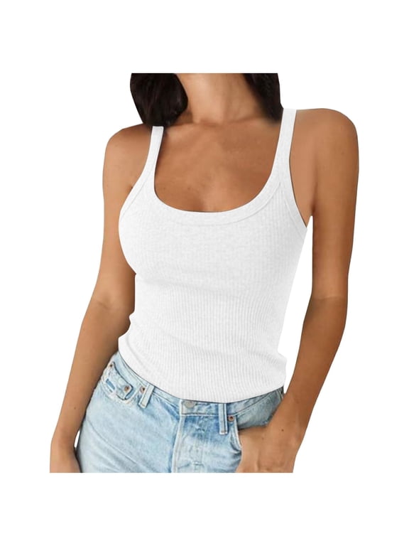 Women Spaghetti Strap Camisole Tops Summer Ribbed Cami Tank Tops Trendy Sleeveless Crew Neck Stretchy T Shirts Workout Tees White M