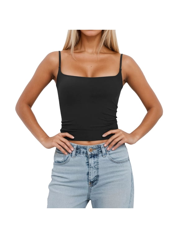 Women Spaghetti Strap Cropped Camisole Trendy Sleeveless Cami Undershirts Square Neck Summer Tops Tees Black S