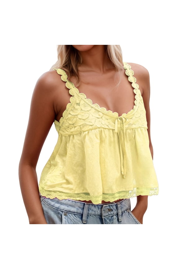 Women Spaghetti Strap Cropped Camisole Trendy Sleeveless Lace Cami Tank Tops Trendy Deep V Neck Summer Sling Going out Shirts Tops Yellow L