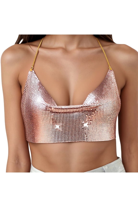 Women Spaghetti Strap Sequin Camisole Cropped Metal Strap Halter Cami Tank Tops Sleeveless Sparkles Sling Undershirts Tees Rose Gold One Size