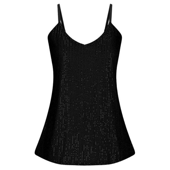 Wang6 Women Spaghetti Strap Sequin Camisole Trendy Loose Sleeveless Sparkle Cami Tank Tops Plus Size Crew Neck Undershirts Summer Tunic Shirts Tees Black L