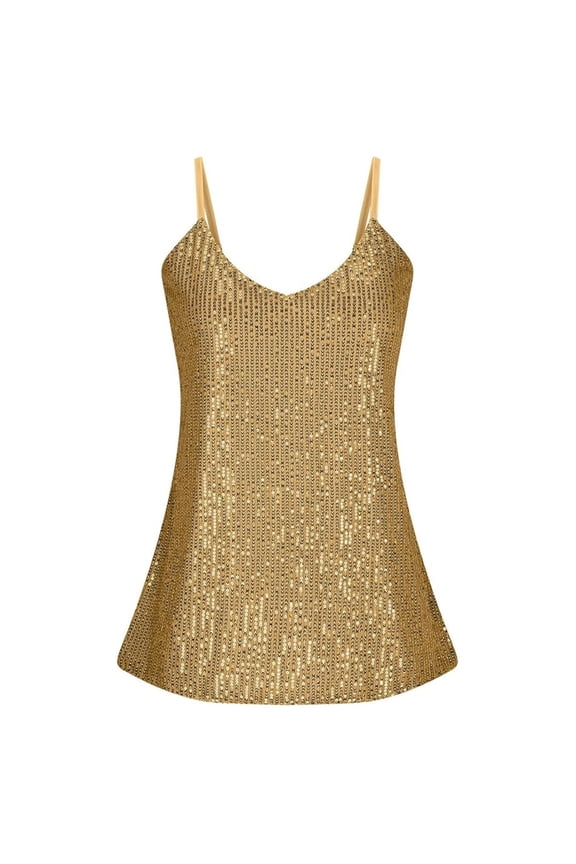 Women Spaghetti Strap Sequin Camisole Trendy Loose Sleeveless Sparkle Cami Tank Tops Plus Size Crew Neck Undershirts Summer Tunic Shirts Tees Gold XXL