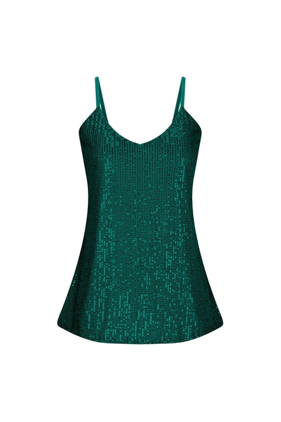 Women Spaghetti Strap Sequin Camisole Trendy Loose Sleeveless Sparkle Cami Tank Tops Plus Size Crew Neck Undershirts Summer Tunic Shirts Tees Green XXL